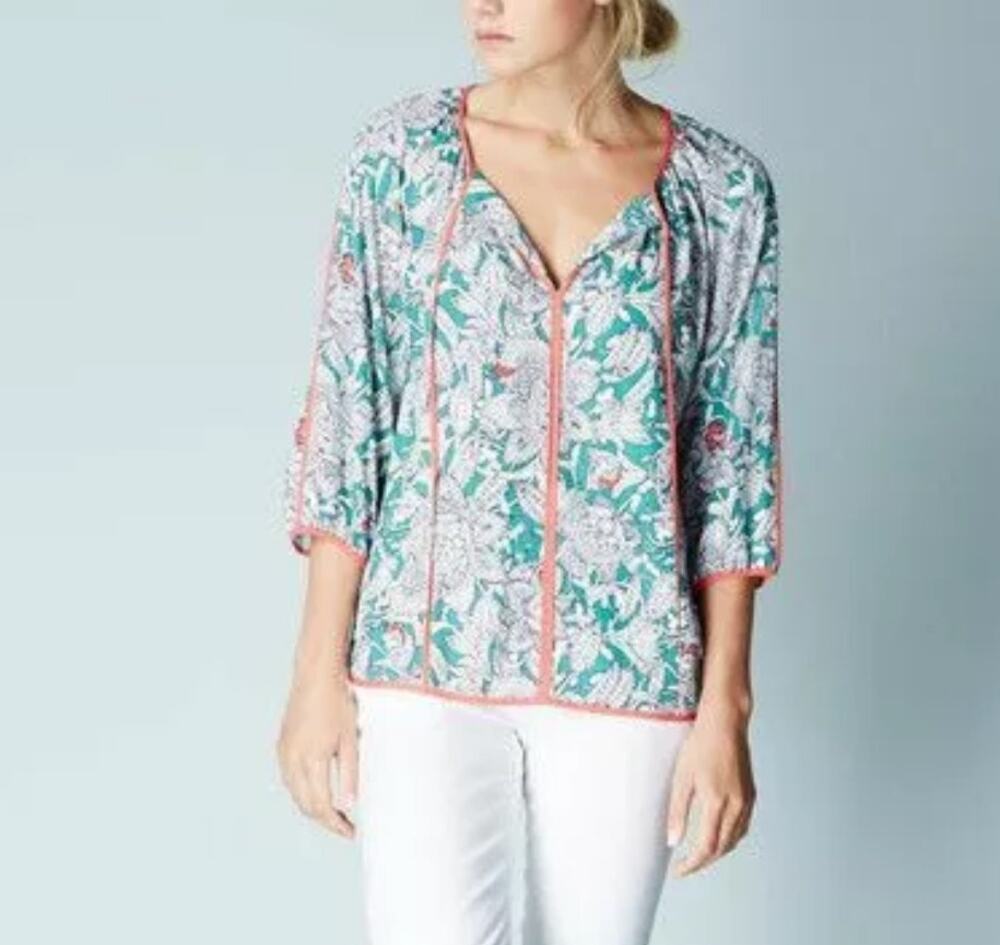 Boden Blouse Top Floral Paisley Tie Neck Kelly Green Pink Trim 6 Beachy Preppy